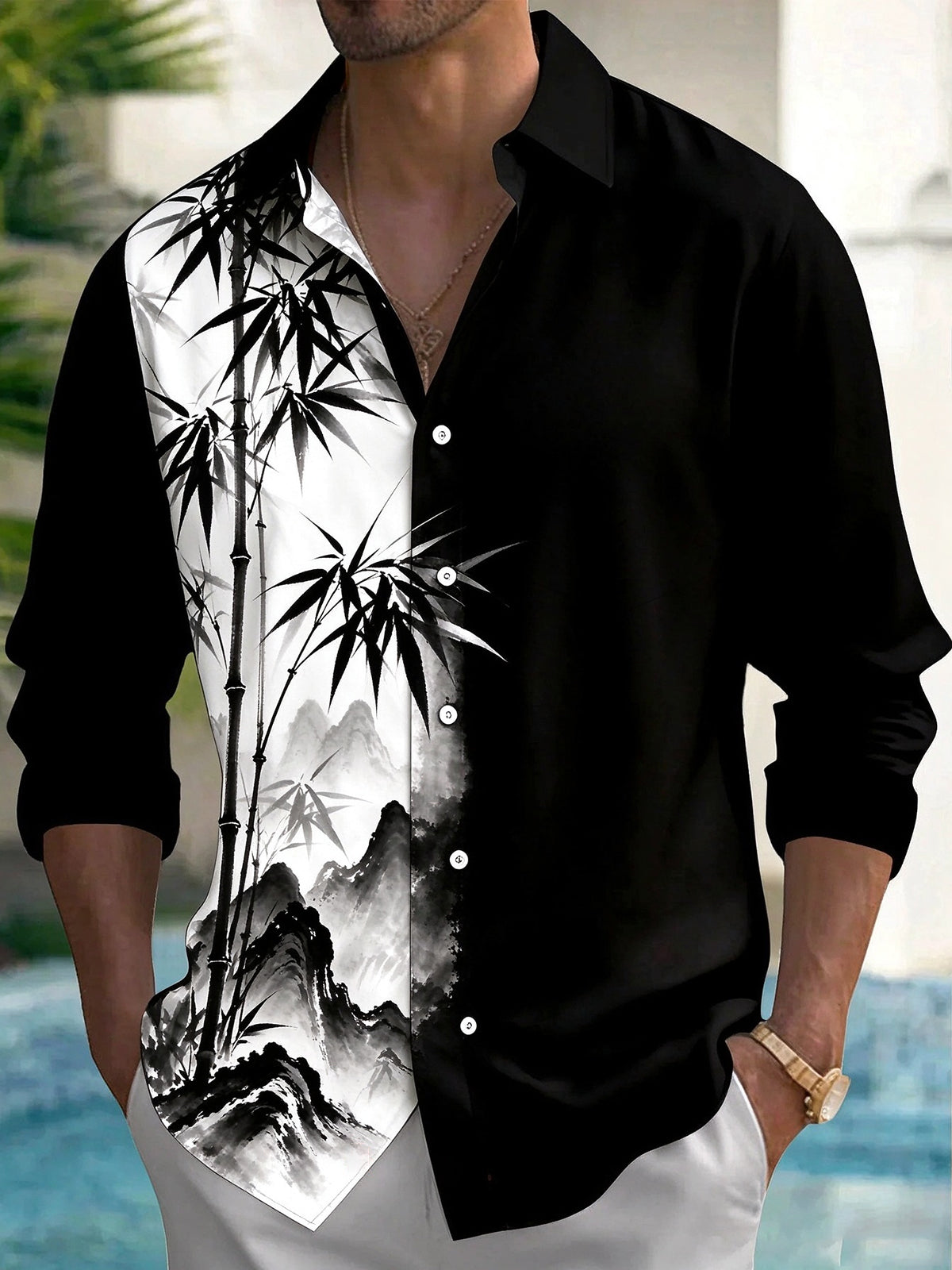 Adaychic Men's Ink Painting Bamboo And Mountains Print Long Sleeve Shirt with Chest Pocket