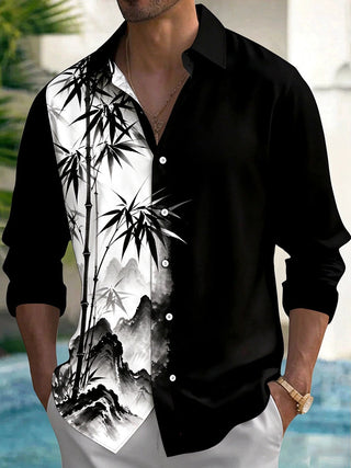 Adaychic Men's Ink Painting Bamboo And Mountains Print Long Sleeve Shirt with Chest Pocket