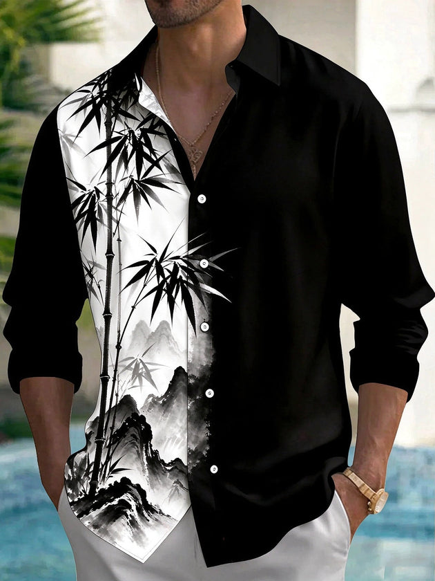 Adaychic Men's Ink Painting Bamboo And Mountains Print Long Sleeve Shirt with Chest Pocket
