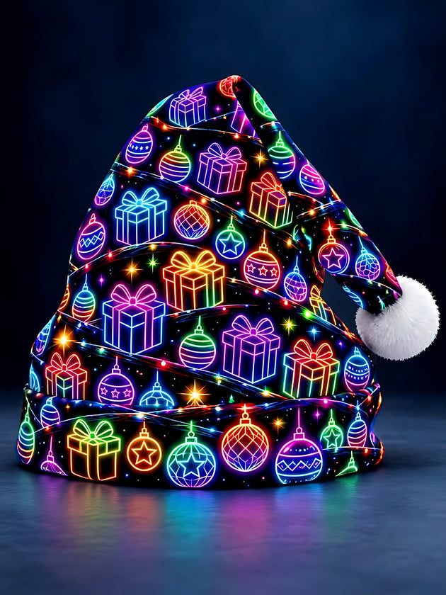 Adaychic Men's Graphic Neon Christmas Ornaments And Gift Boxes Print Hat
