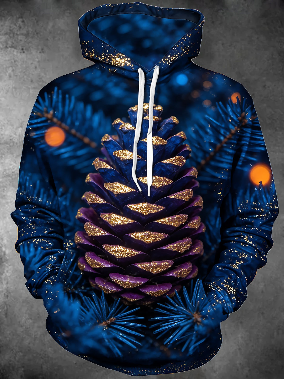 Adaychic Men's Long Sleeve Hoodie - Christmas Pinecone With Gold Glitter And Pine Branches Print