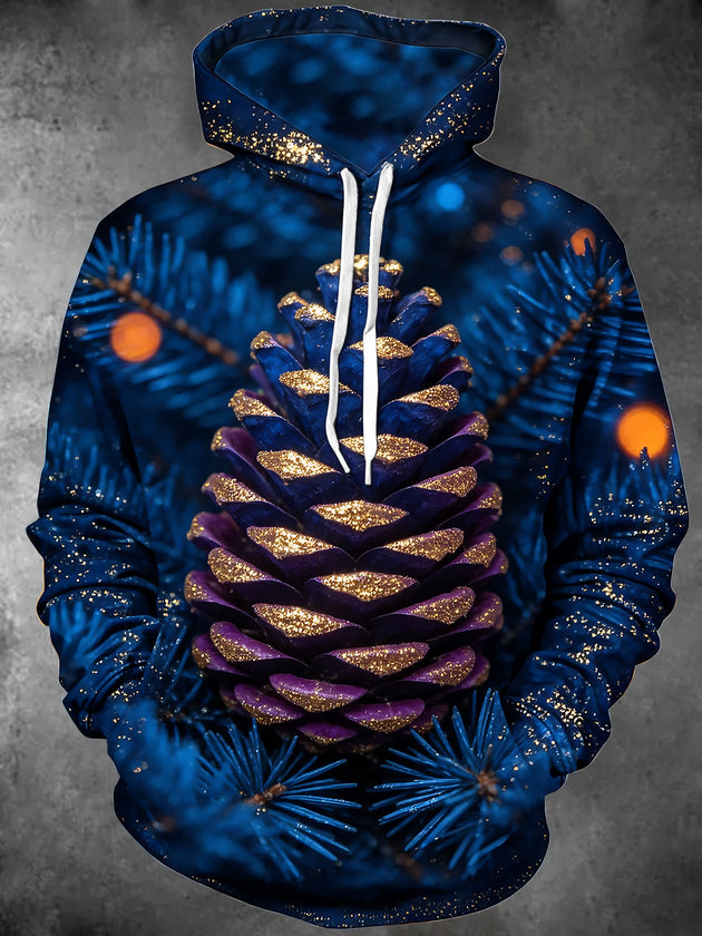 Adaychic Men's Long Sleeve Hoodie - Christmas Pinecone With Gold Glitter And Pine Branches Print