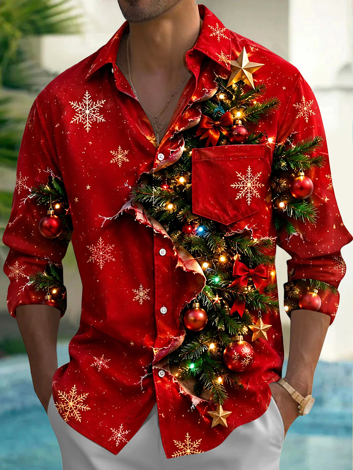 Adaychic Men's Christmas Tree With Ornaments And Lights Print Long Sleeve Shirt with Chest Pocket