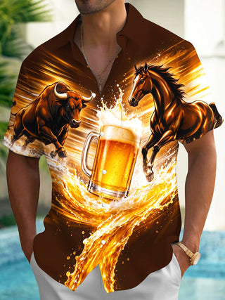 Adaychic Men's Graphic Bull And Horse With Beer Splash Print Short Sleeve Shirt with Chest Pocket