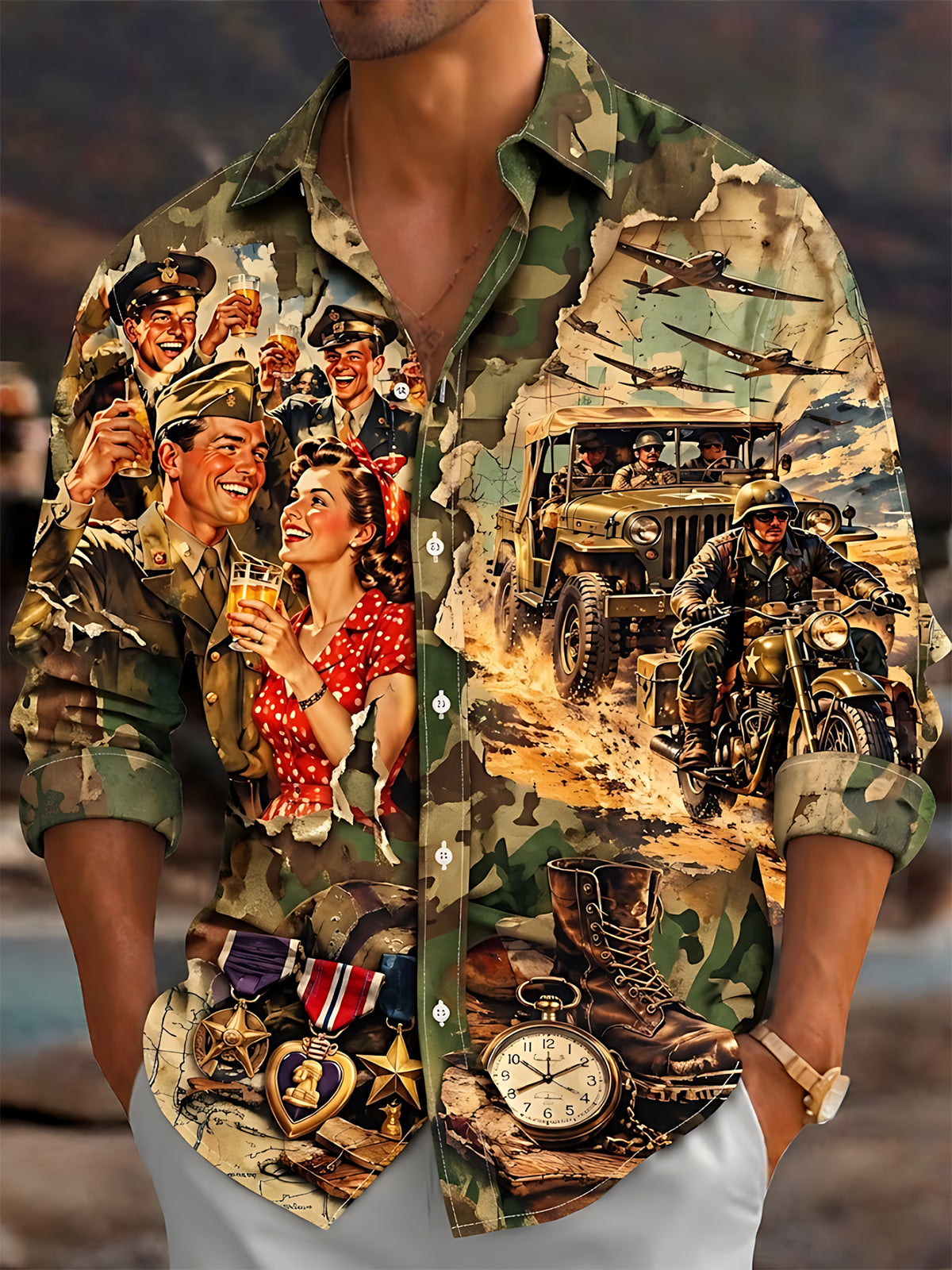 Adaychic Men's Short Sleeve Shirt - Vintage Military Soldiers And Pin-up Girl Print with Chest Pocket