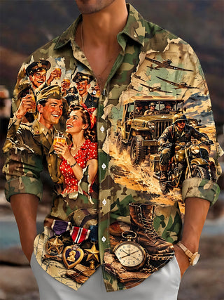 Adaychic Men's Short Sleeve Shirt - Vintage Military Soldiers And Pin-up Girl Print with Chest Pocket