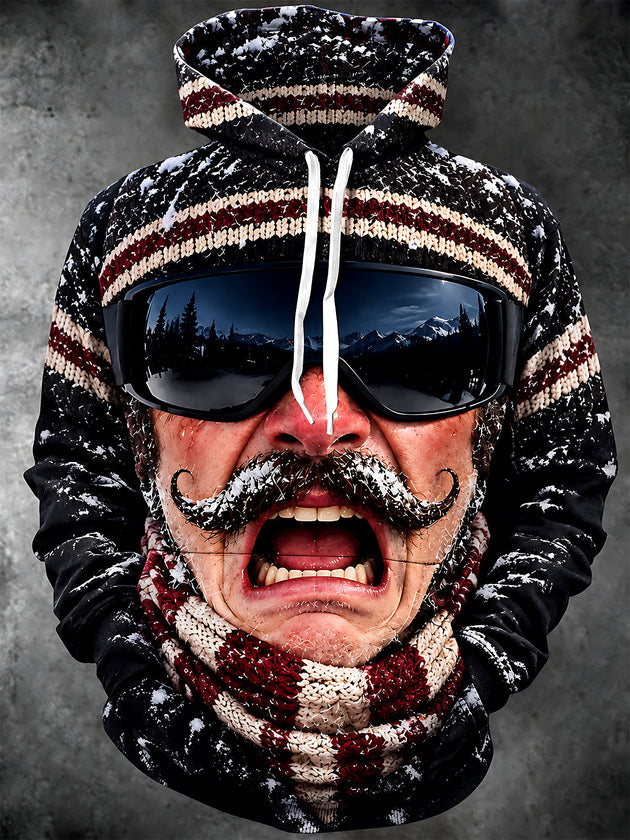 Adaychic Men's Man With Mustache And Ski Goggles Print Long Sleeve Hoodie