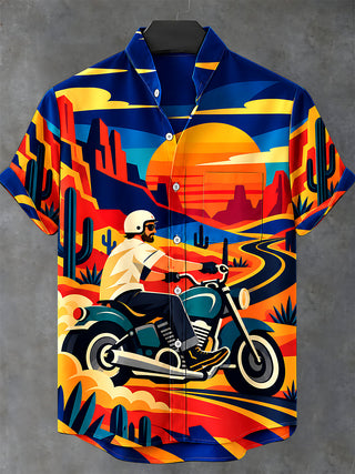 Adaychic Men's Short Sleeve Stand Collar Shirt - Motorcycle Rider In Desert Landscape Print with Chest Pocket