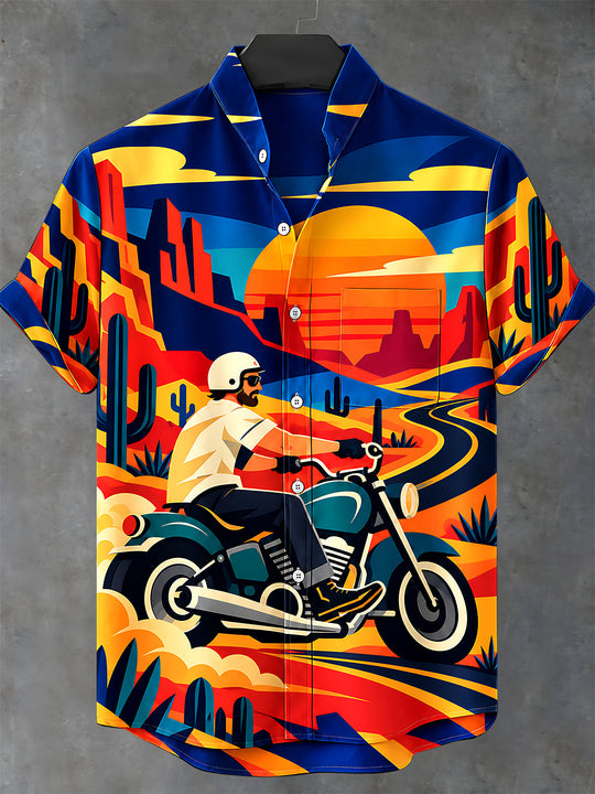 Adaychic Men's Short Sleeve Stand Collar Shirt - Motorcycle Rider In Desert Landscape Print with Chest Pocket