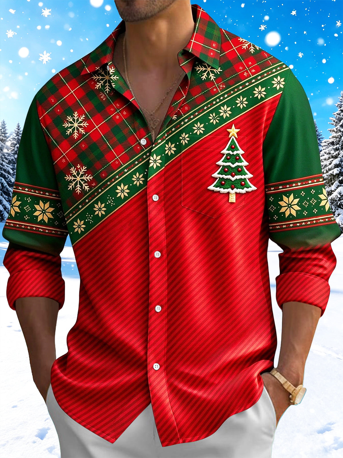 Adaychic Men's Printed Christmas Tree With Ornaments Print Long Sleeve Shirt with Chest Pocket