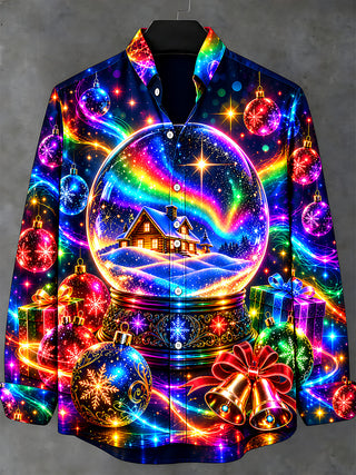 Adaychic Men's Long Sleeve Stand Collar Shirt - Christmas Snow Globe With Cabin And Rainbow Print