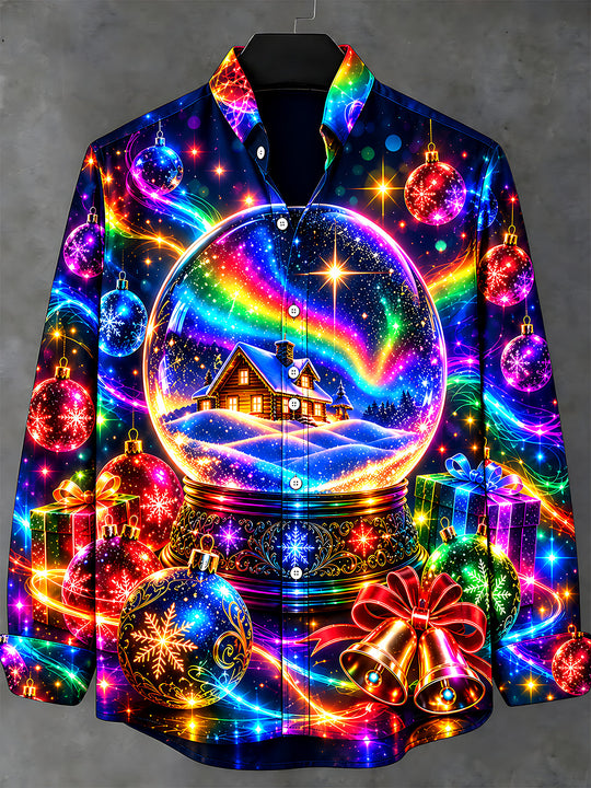 Adaychic Men's Long Sleeve Stand Collar Shirt - Christmas Snow Globe With Cabin And Rainbow Print