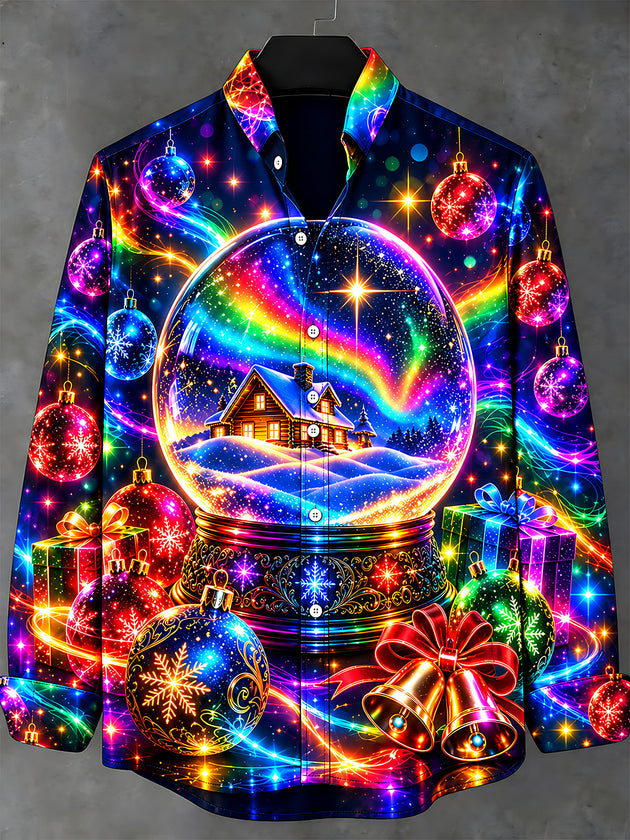 Adaychic Men's Long Sleeve Stand Collar Shirt - Christmas Snow Globe With Cabin And Rainbow Print