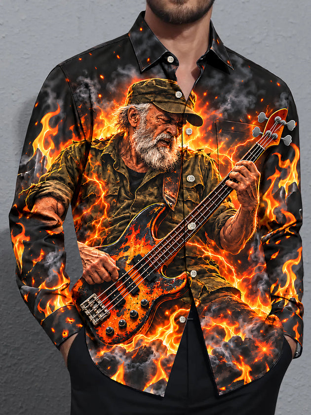 Adaychic Men's Long Sleeve Shirt - Veterans Day Old Man Playing Bass Guitar In Flames Print with Chest Pocket