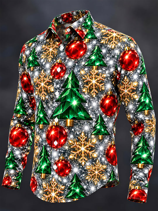 Adaychic Men's Printed Christmas Trees And Ornaments Print Long Sleeve Shirt with Chest Pocket