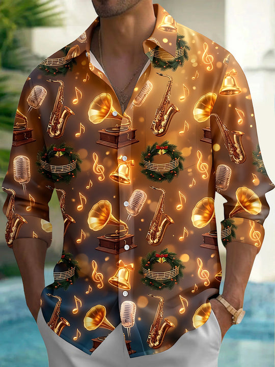 Adaychic Men's Christmas Wreath And Musical Instruments Print Long Sleeve Shirt with Chest Pocket