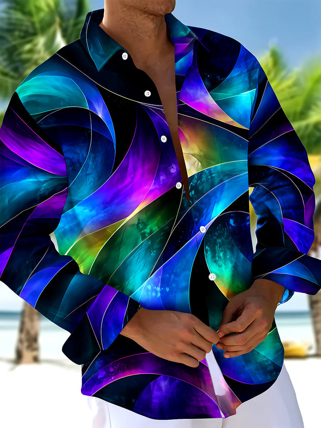 Adaychic Men's Abstract Swirling Colorful Patterns Print Long Sleeve Shirt with Chest Pocket