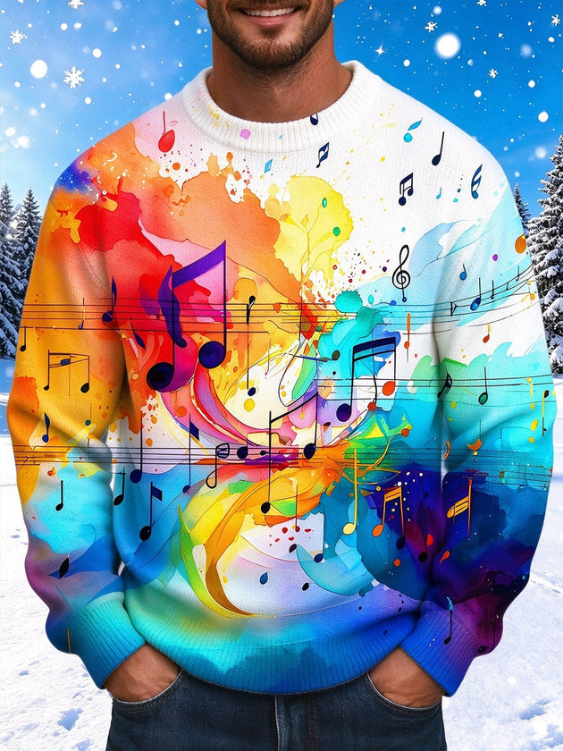 Adaychic Men's Colorful Music Notes And Musical Staff Print Long Sleeve Sweater