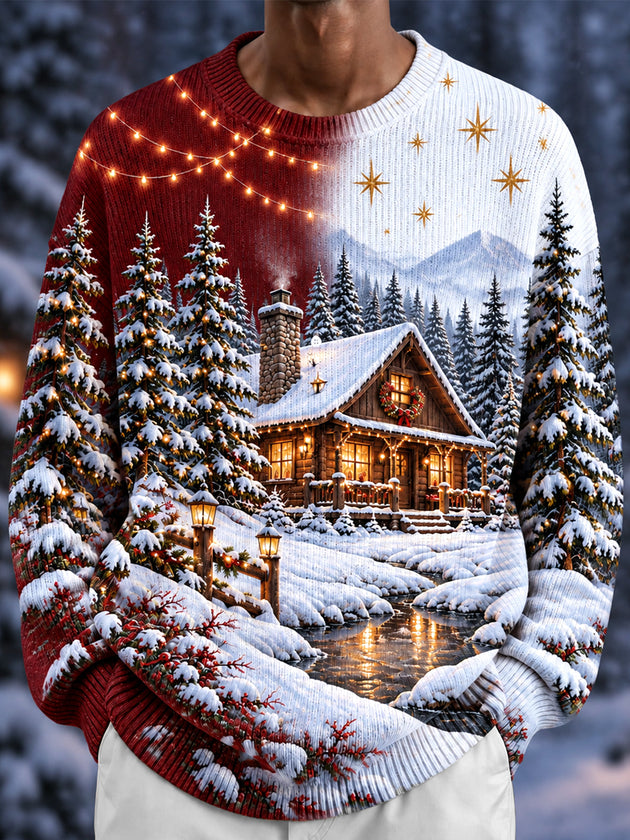 Adaychic Men's Long Sleeve Crew Neck Sweater - Christmas Cabin And Snowy Forest Print