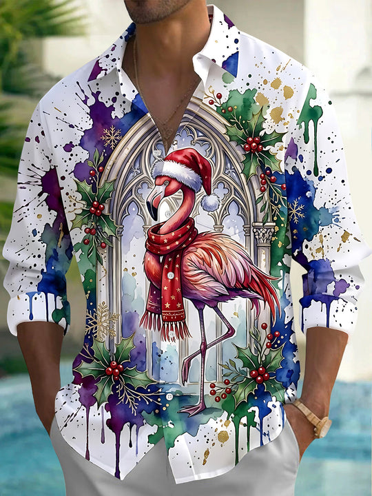 Adaychic Men's Long Sleeve Shirt - Christmas Flamingo With Santa Hat And Scarf Print with Chest Pocket