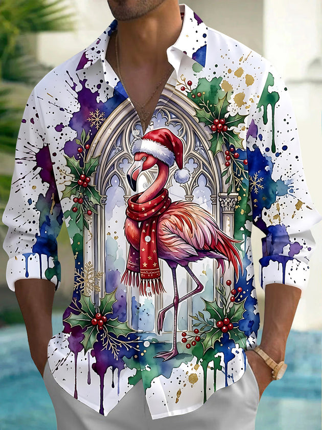 Adaychic Men's Long Sleeve Shirt - Christmas Flamingo With Santa Hat And Scarf Print with Chest Pocket