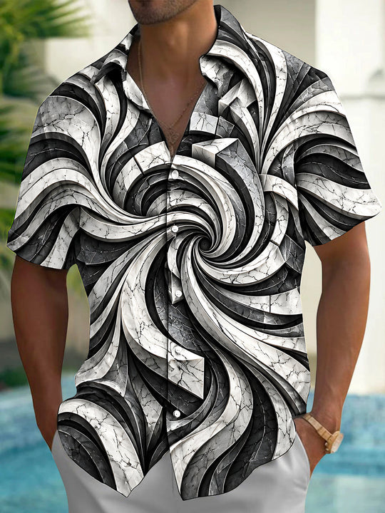 Adaychic Men's 3D Abstract 3D Swirling Marble Pattern Short Sleeve Shirt with Chest Pocket