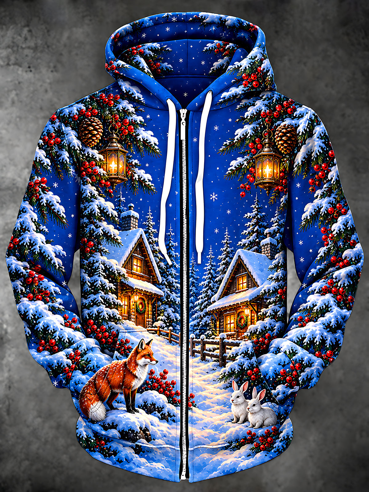 Adaychic Men's Long Sleeve Zip-Up Hoodie - Christmas Wreaths And Lanterns Print Winter Forest Cabin With Fox And Rabbits Print with Kangaroo Pocket