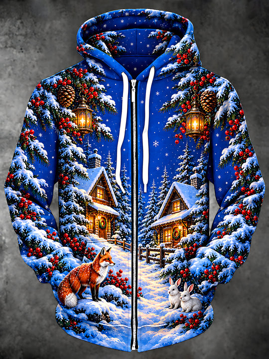 Adaychic Men's Long Sleeve Zip-Up Hoodie - Christmas Wreaths And Lanterns Print Winter Forest Cabin With Fox And Rabbits Print with Kangaroo Pocket