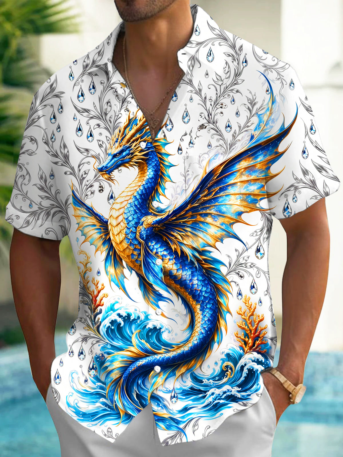 Adaychic Men's Blue And Golden Dragon On Waves Print Short Sleeve Shirt with Chest Pocket