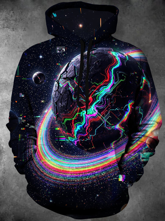 Adaychic Men's Long Sleeve Hoodie - Cracked Planet With Neon Circuit Lines And Rainbow Rings Print
