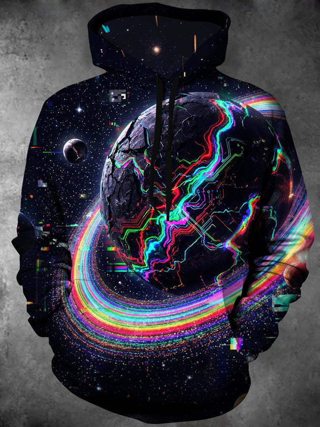 Adaychic Men's Long Sleeve Hoodie - Cracked Planet With Neon Circuit Lines And Rainbow Rings Print