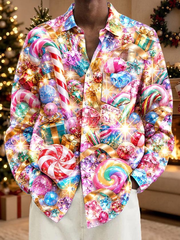 Adaychic Men's Christmas Candy Canes And Lollipops Print Long Sleeve Shirt with Chest Pocket