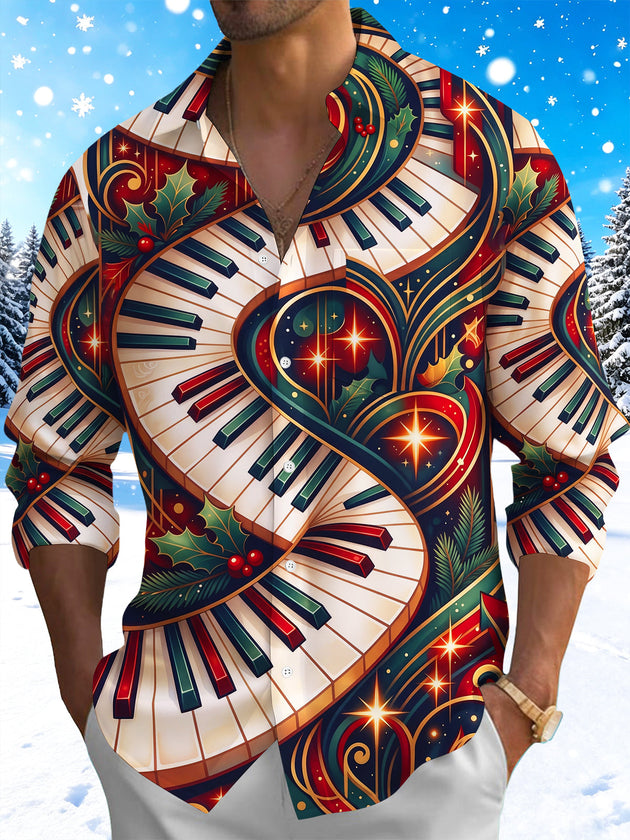 Adaychic Men's Long Sleeve Shirt - Christmas Holly And Berries Print Piano Keyboard And Musical Notes Print with Chest Pocket
