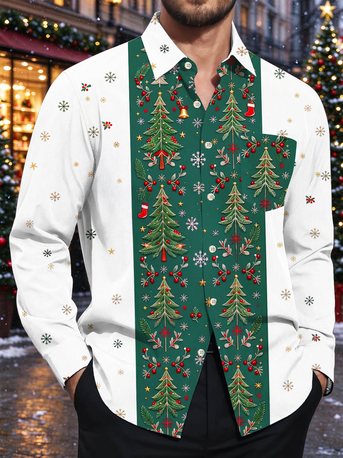 Adaychic Men's Striped Christmas Trees And Snowflakes Print Long Sleeve Shirt with Chest Pocket