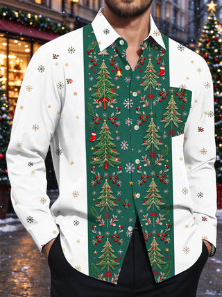 Adaychic Men's Striped Christmas Trees And Snowflakes Print Long Sleeve Shirt with Chest Pocket