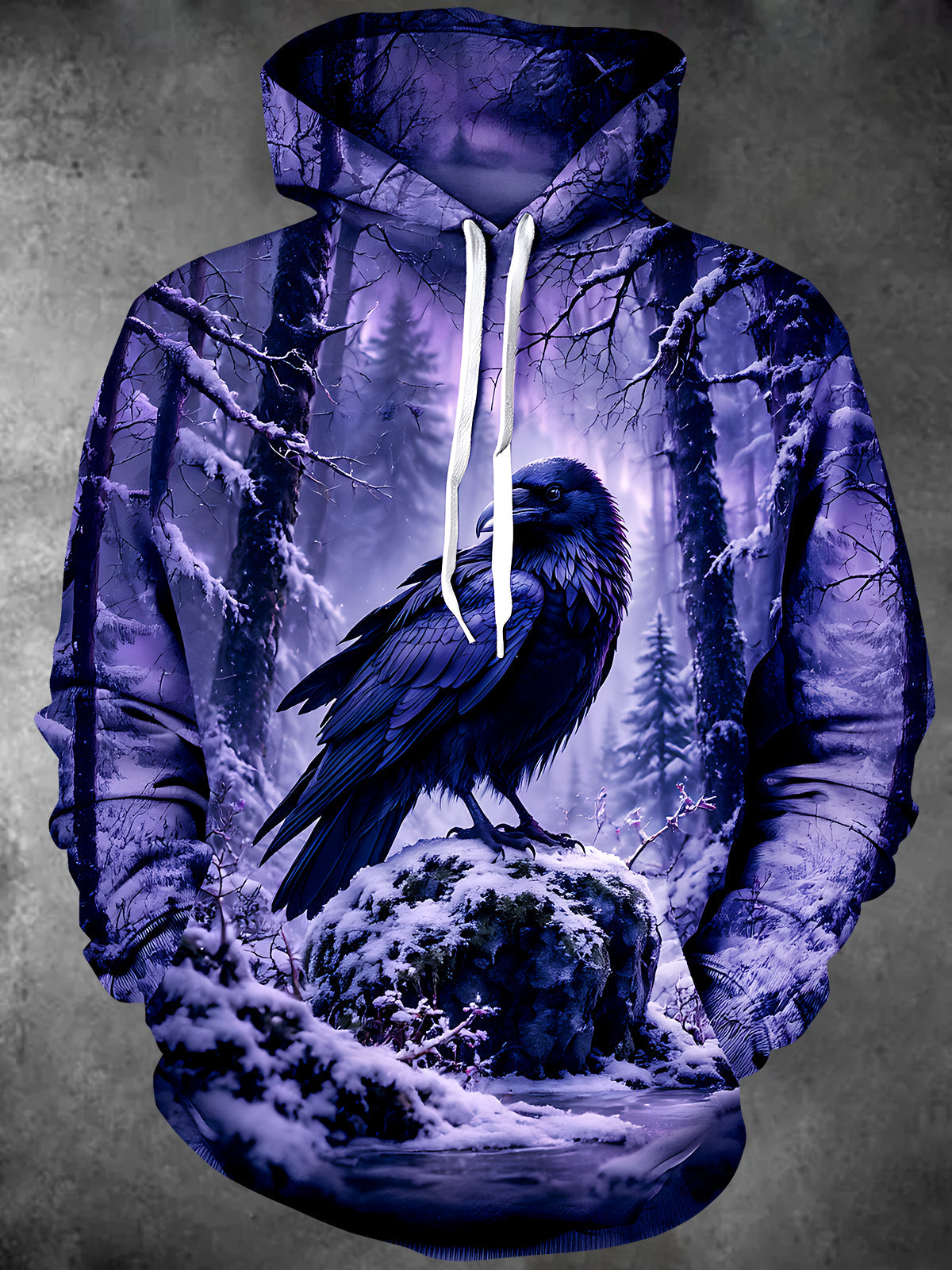 Adaychic Men's Graphic Black Crow In Winter Forest Print Long Sleeve Hoodie