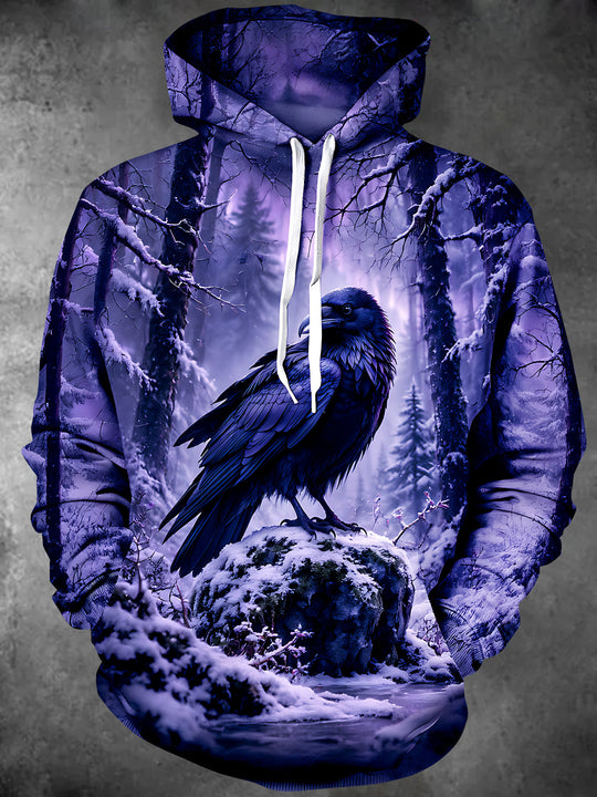 Adaychic Men's Graphic Black Crow In Winter Forest Print Long Sleeve Hoodie