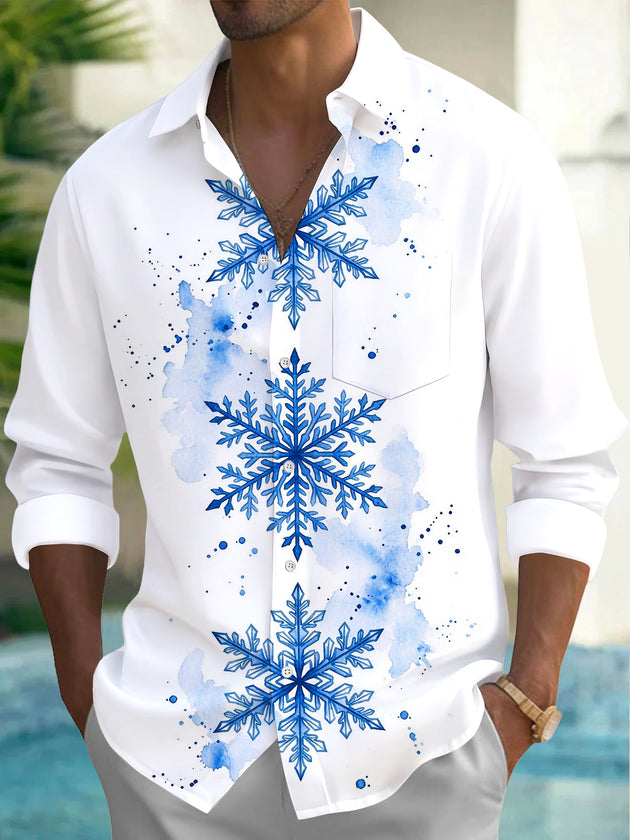 Adaychic Men's Blue Snowflakes With Watercolor Splashes Print Long Sleeve Shirt with Chest Pocket