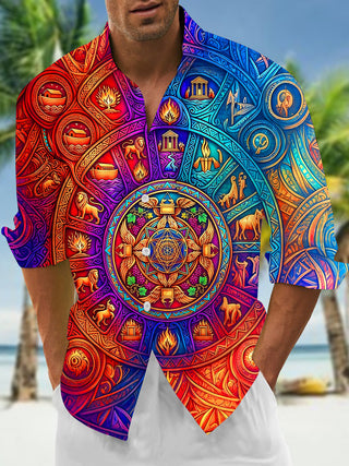 Adaychic Men's Graphic Biblical Symbol Mandala Print Long Sleeve Shirt with Chest Pocket