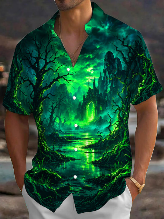Adaychic Men's Printed Fantasy Castle And Dark Forest Print Short Sleeve Shirt with Chest Pocket
