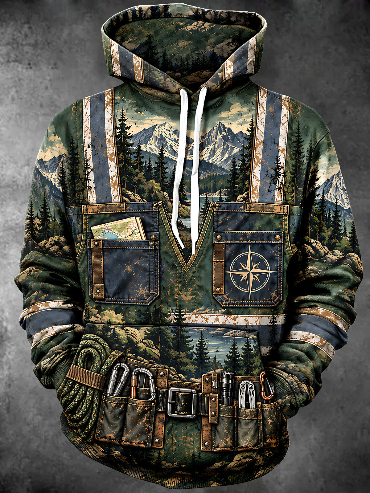 Adaychic Men's Mountain Landscape With Pine Trees Print Long Sleeve Hoodie
