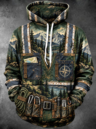 Adaychic Men's Mountain Landscape With Pine Trees Print Long Sleeve Hoodie