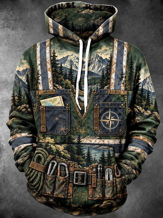 Adaychic Men's Mountain Landscape With Pine Trees Print Long Sleeve Hoodie
