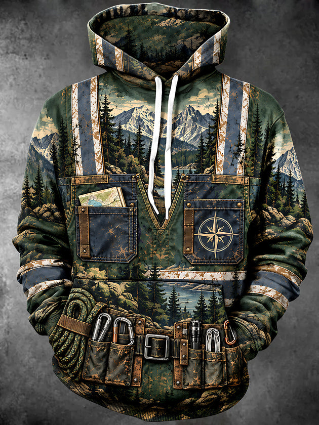 Adaychic Men's Mountain Landscape With Pine Trees Print Long Sleeve Hoodie