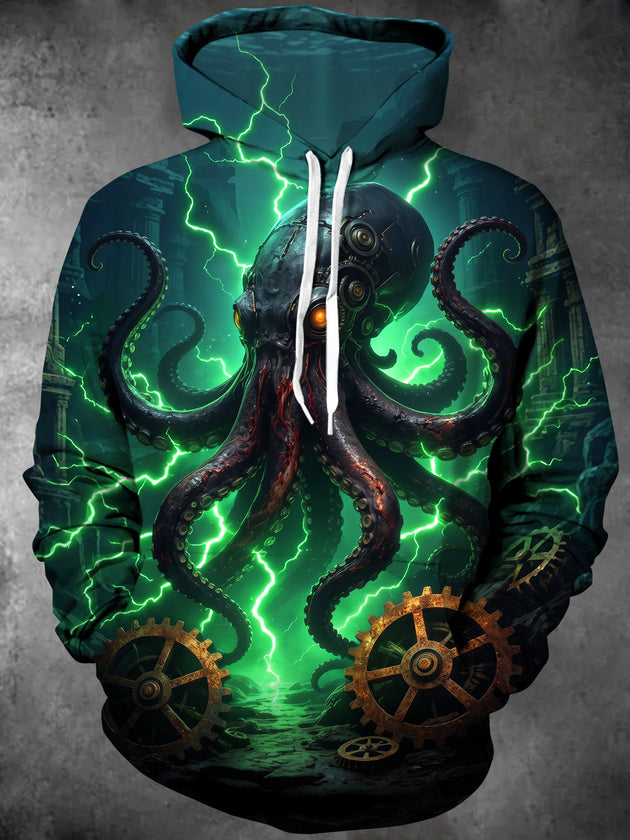 Adaychic Men's Long Sleeve Hoodie - Steampunk Octopus With Gears And Lightning Print