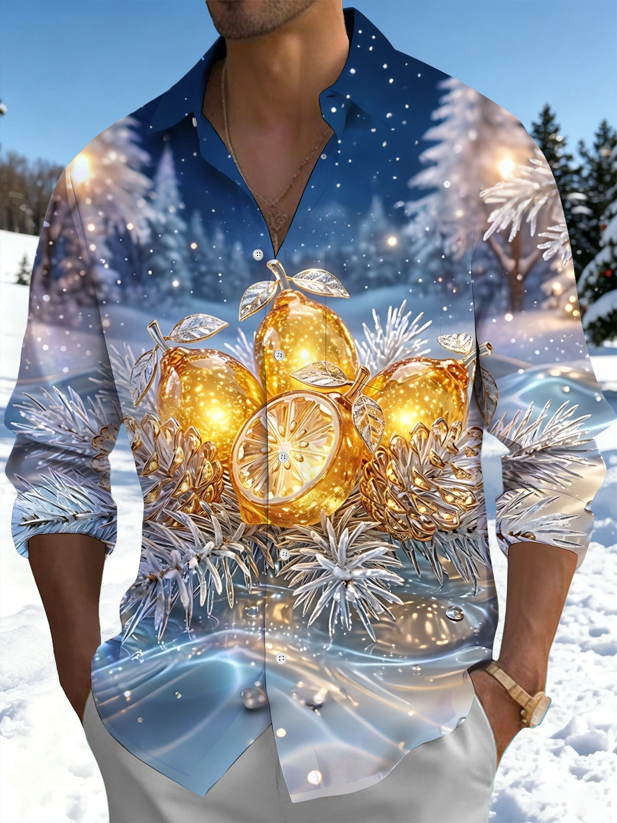 Adaychic Men's Long Sleeve Shirt - Golden Lemons And Pine Cones In Winter Snow Print with Chest Pocket