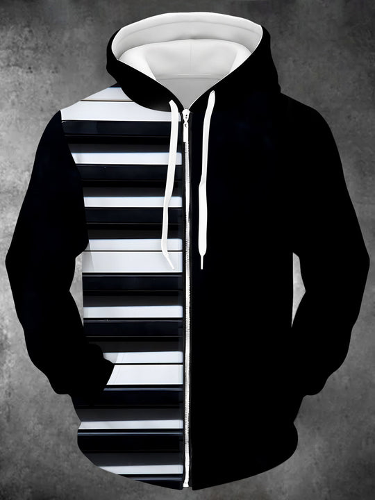 Adaychic Men's Striped Piano Keys Print Long Sleeve Zip-Up Hoodie