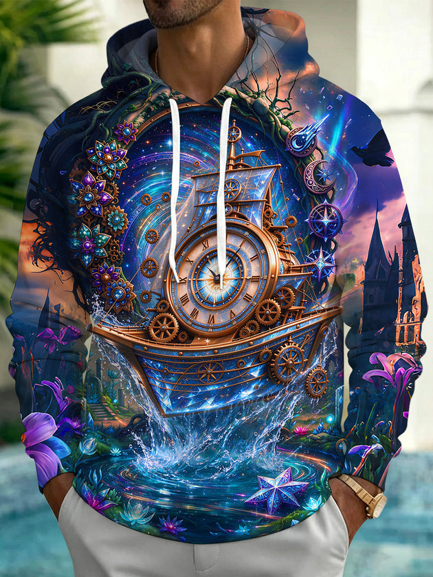 Adaychic Men's Steampunk Clockwork Sailing Boat Print Long Sleeve Hoodie