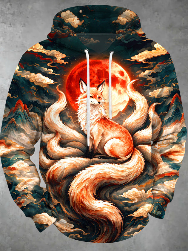 Adaychic Men's Graphic Nine Tailed Fox Print Long Sleeve Hoodie