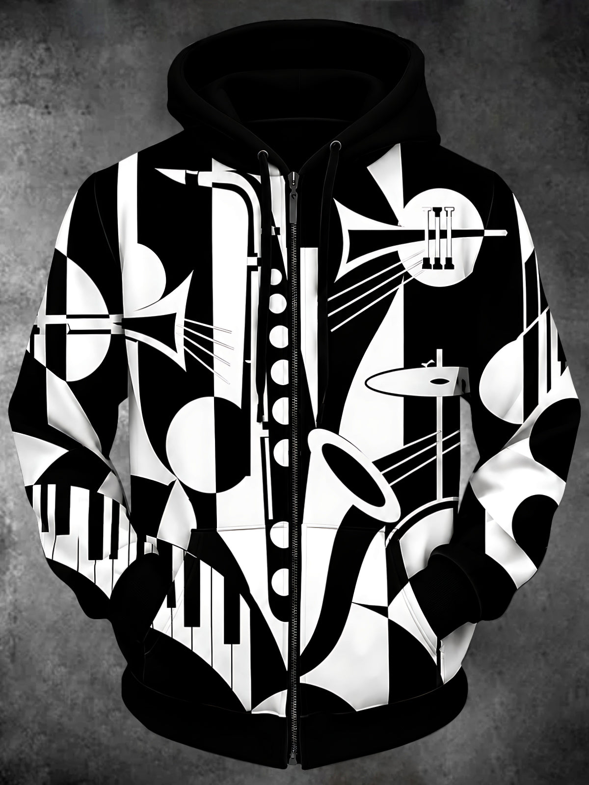 Adaychic Men's Graphic Musical Instruments Print Long Sleeve Zip-Up Hoodie